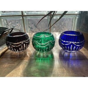Vintage Bohemian Cut to Clear Crystal Votive Candle Holders Set of 3 Jewel Tones